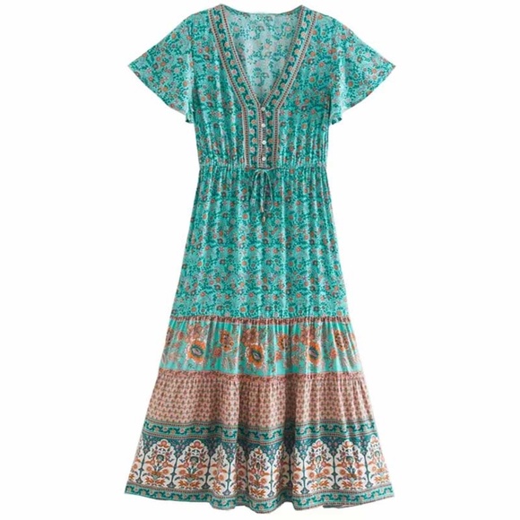 Boho Mint green floral print v neck button ruffle midi dress - Picture 6 of 6